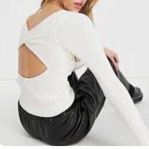 White Ribbed Long Sleeve Sweater with Open Back Detail